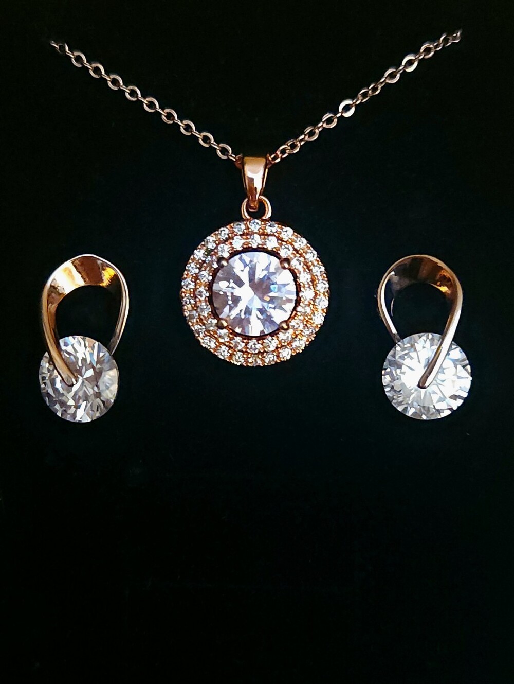 Rose Gold Tone And Lab Diamond Pendant Necklace & Stud Earring Set